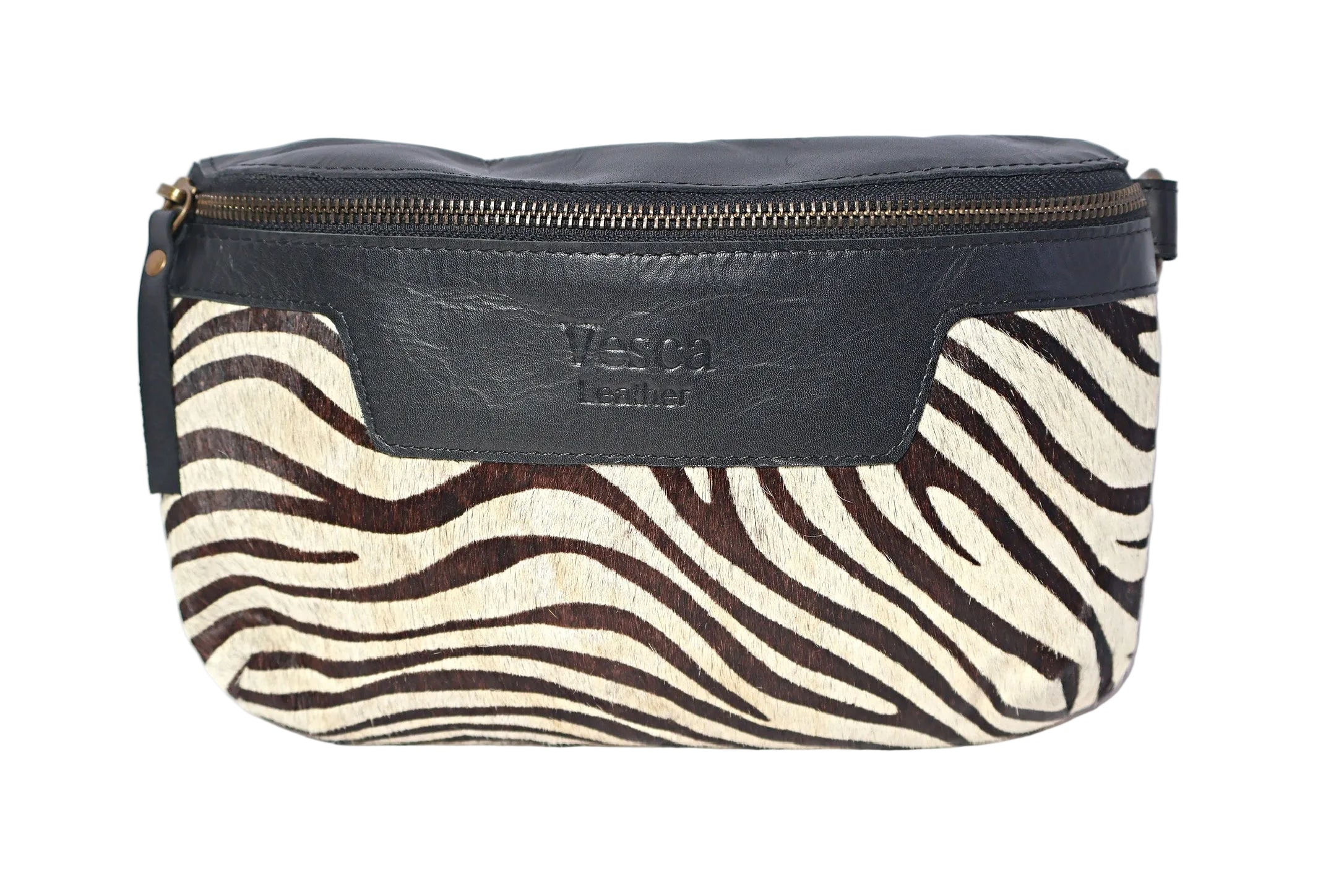 Zebra print moonbag with black leather, shoulder bag, adjustable 
