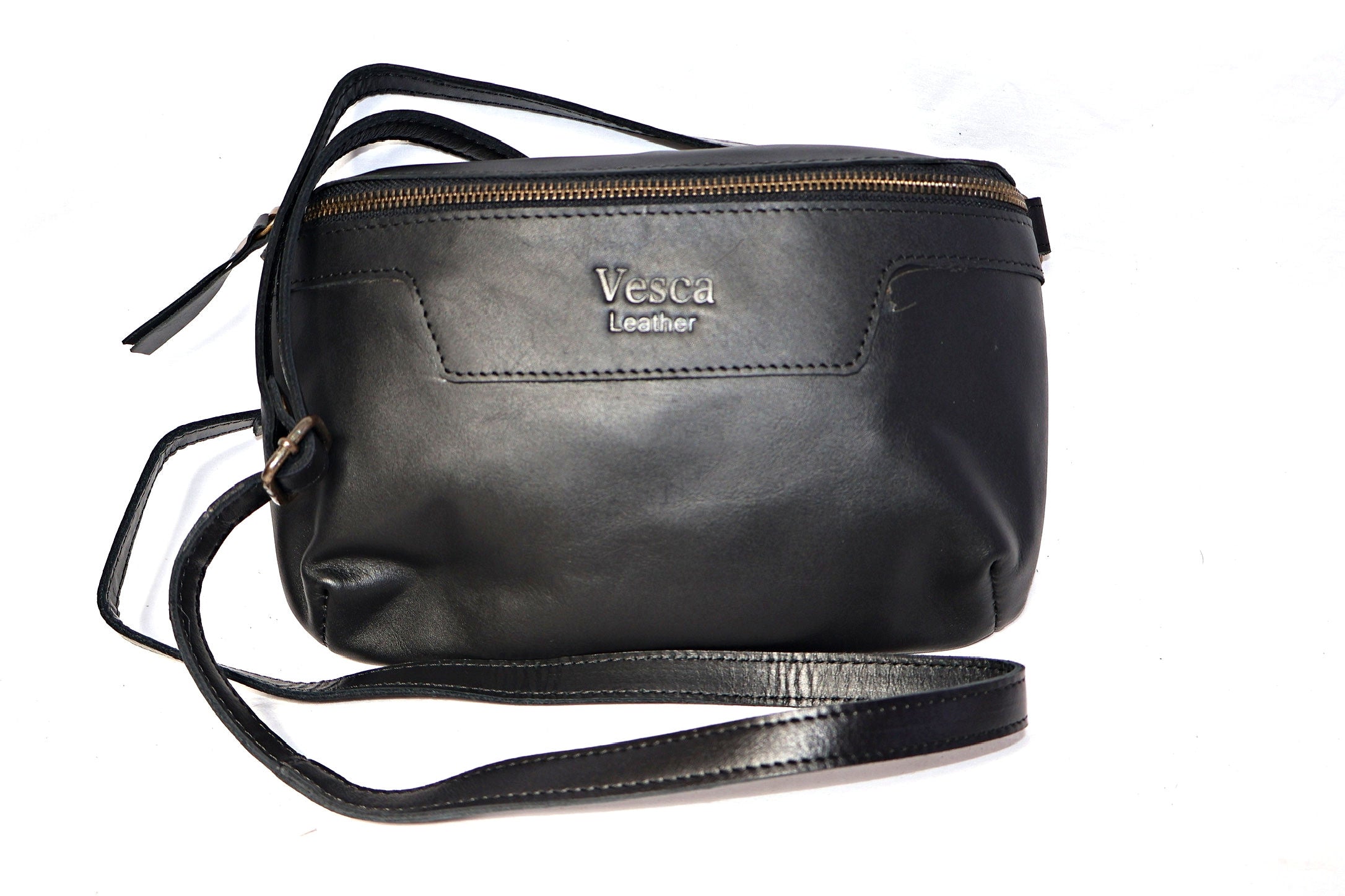Black leather moonbag, shoulder bag. Adjustable sling, leather bag, made in south Arica 