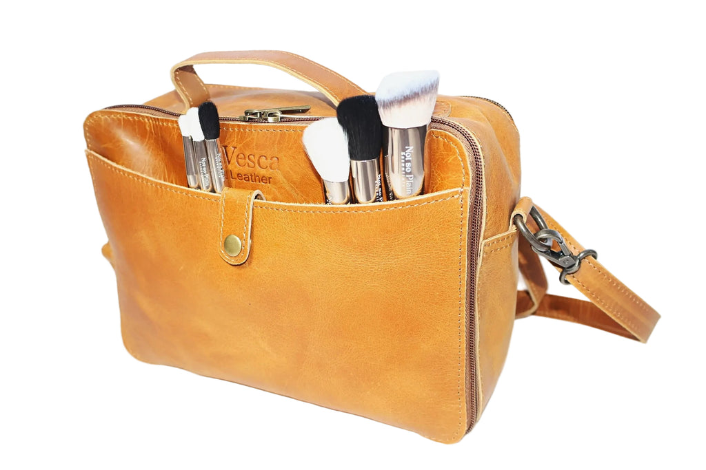 leather shoulder bag, brown leather bag, black leather bag, leather cross body bag, leather bag with two slings, leather shoulder bag, leather bags made in South Africa, leather vanity bag, leather makeup bag, Vesca