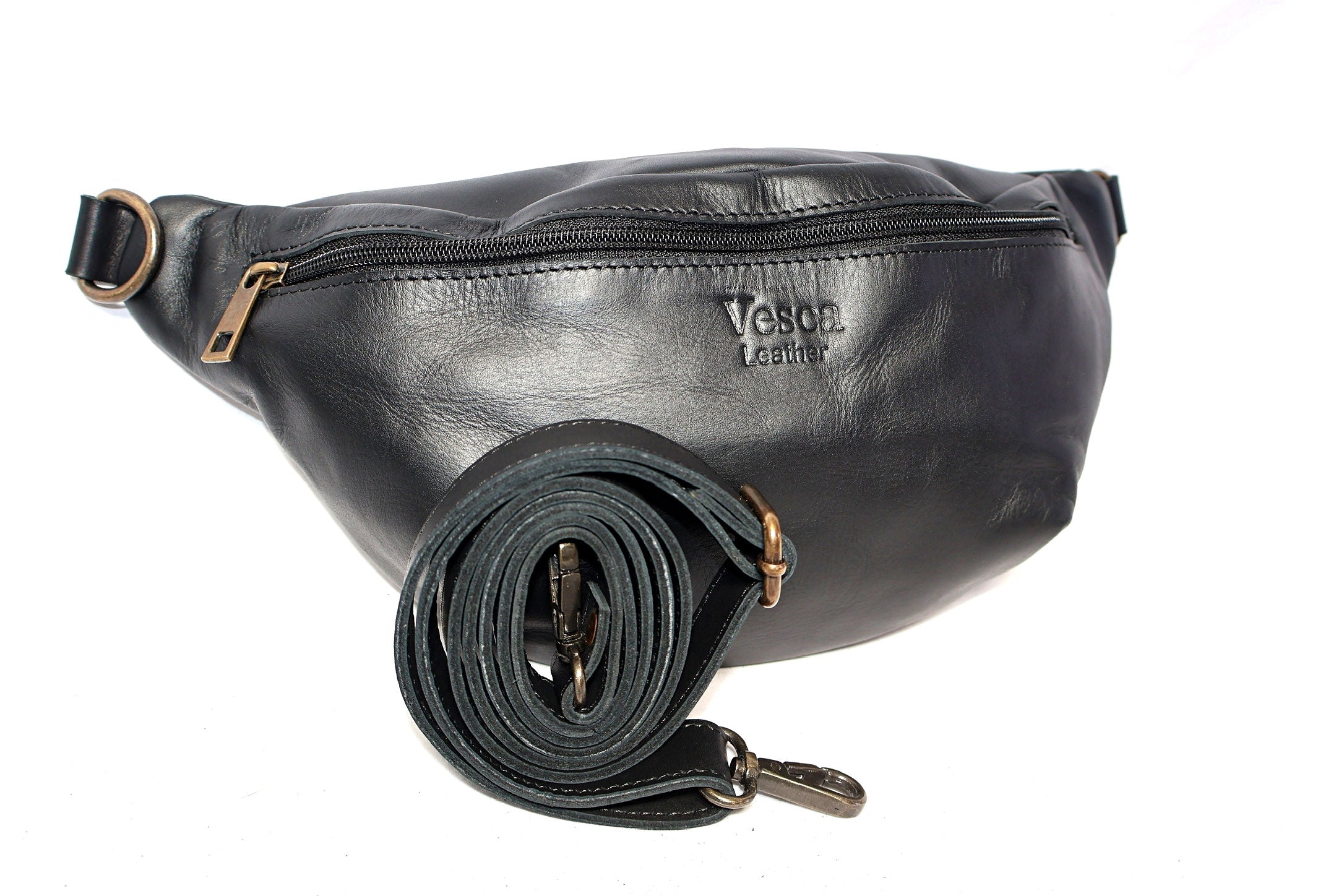 Black leather moonbag, large leather moonbag, leather moonbag cross body